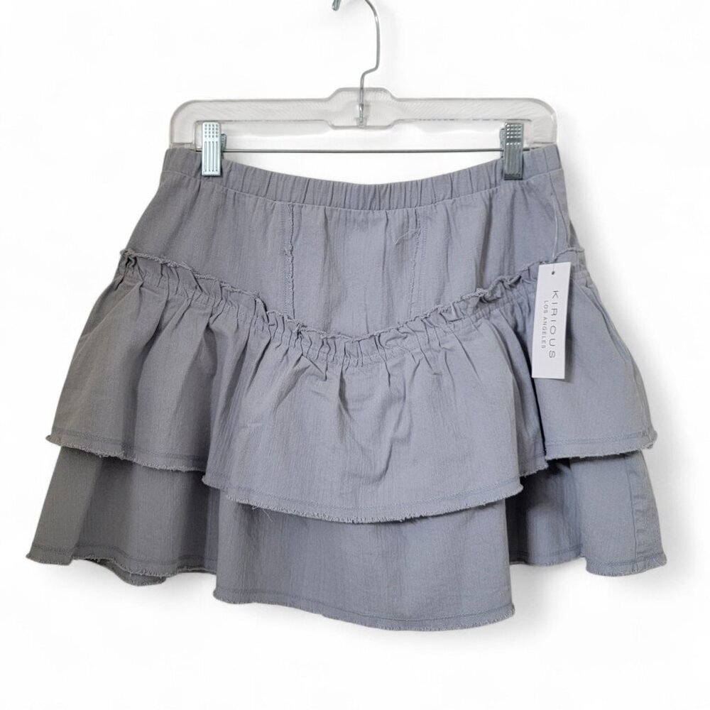 Kirious Los Angeles Size L Y2K Tiered Ruffled Gray-Blue Mini Skirt, NEW with Tag